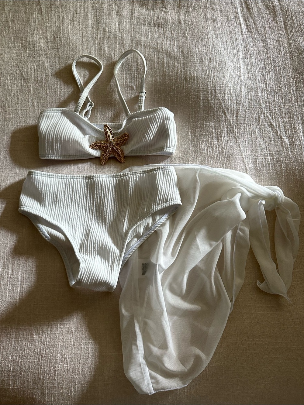 Girls size 8 White Bikini Set with Sheer Sarong and Starfish Accent